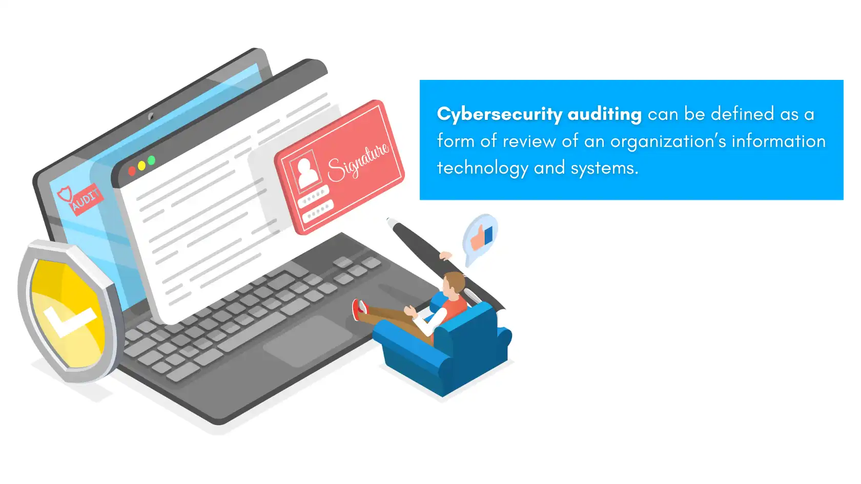 Illustration showing a laptop with audit and security icons, representing cybersecurity auditing. What is a cybersecurity audit