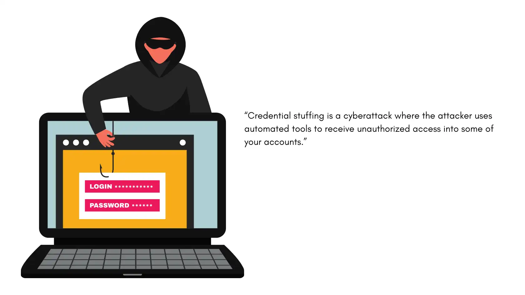 Hacker targeting login credentials on a laptop screen, illustrating how to prevent credential stuffing attack techniques.