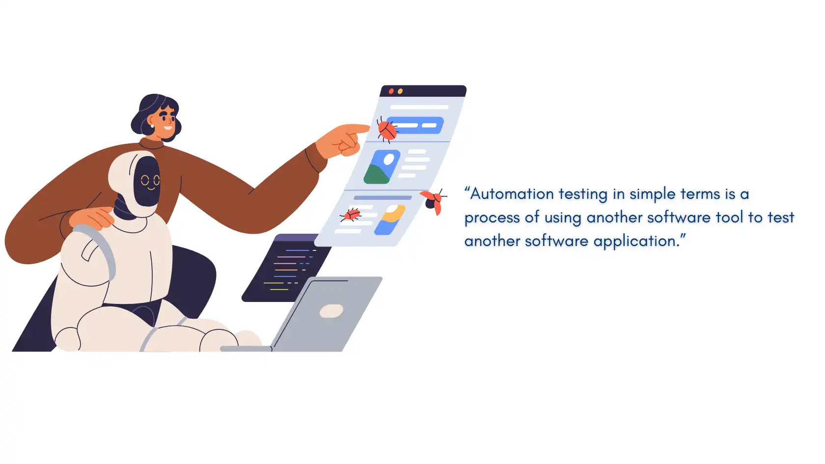 Illustration showing automation testing concept with bugs on a screen, emphasizing the importance of software testing using automation tools.