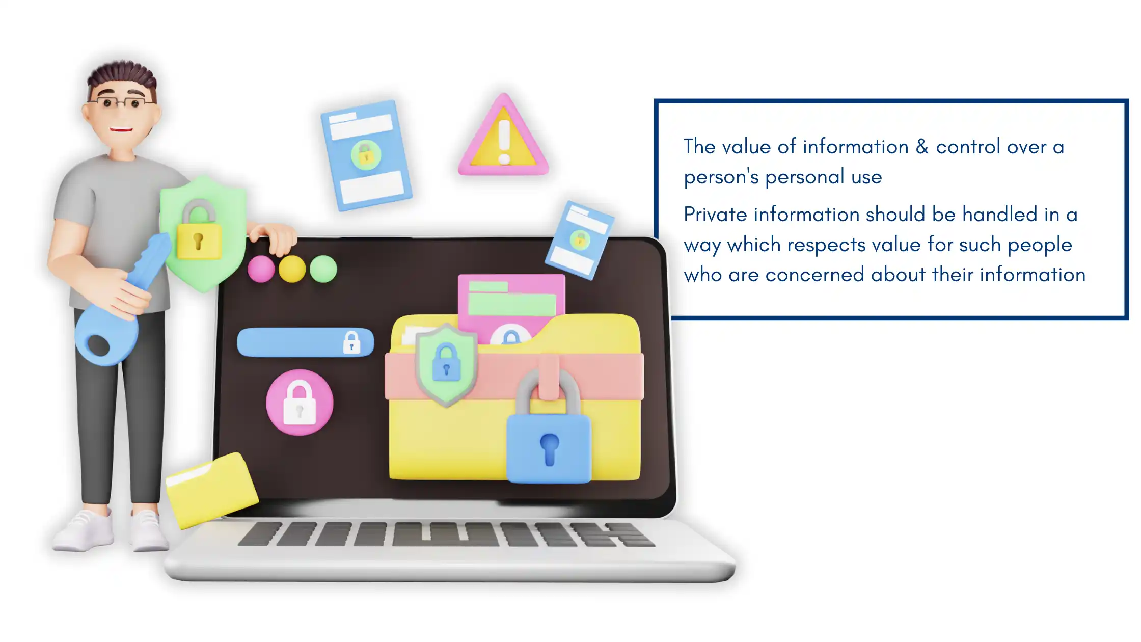 Illustration of data protection with laptop and icons emphasizing Internet Privacy Laws, including locks, keys, and secure folders.