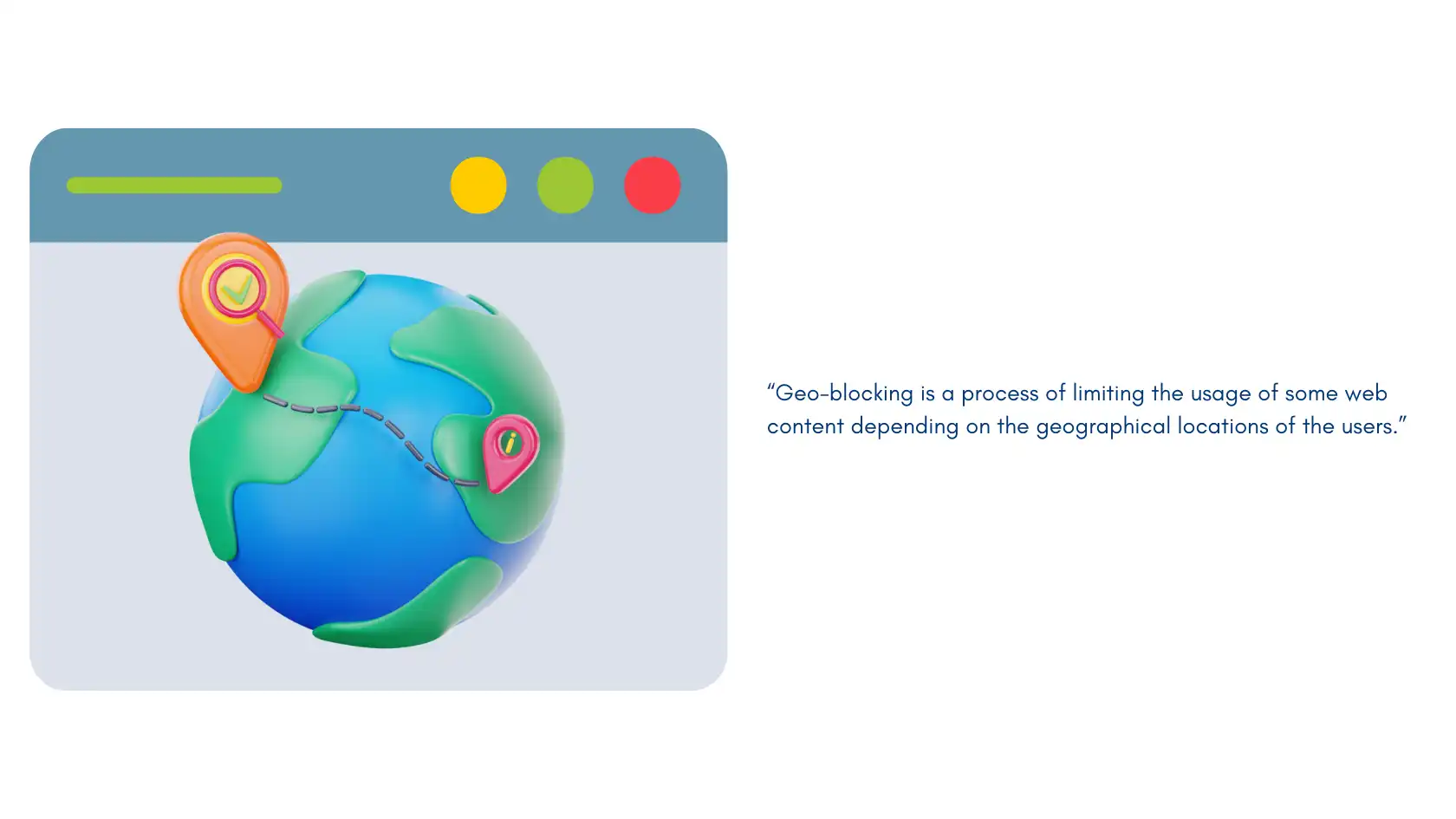 Illustration explaining geo-blocking with globe and location pins, highlighting content restrictions based on geographical locations. Best VPN for geo-blocking.