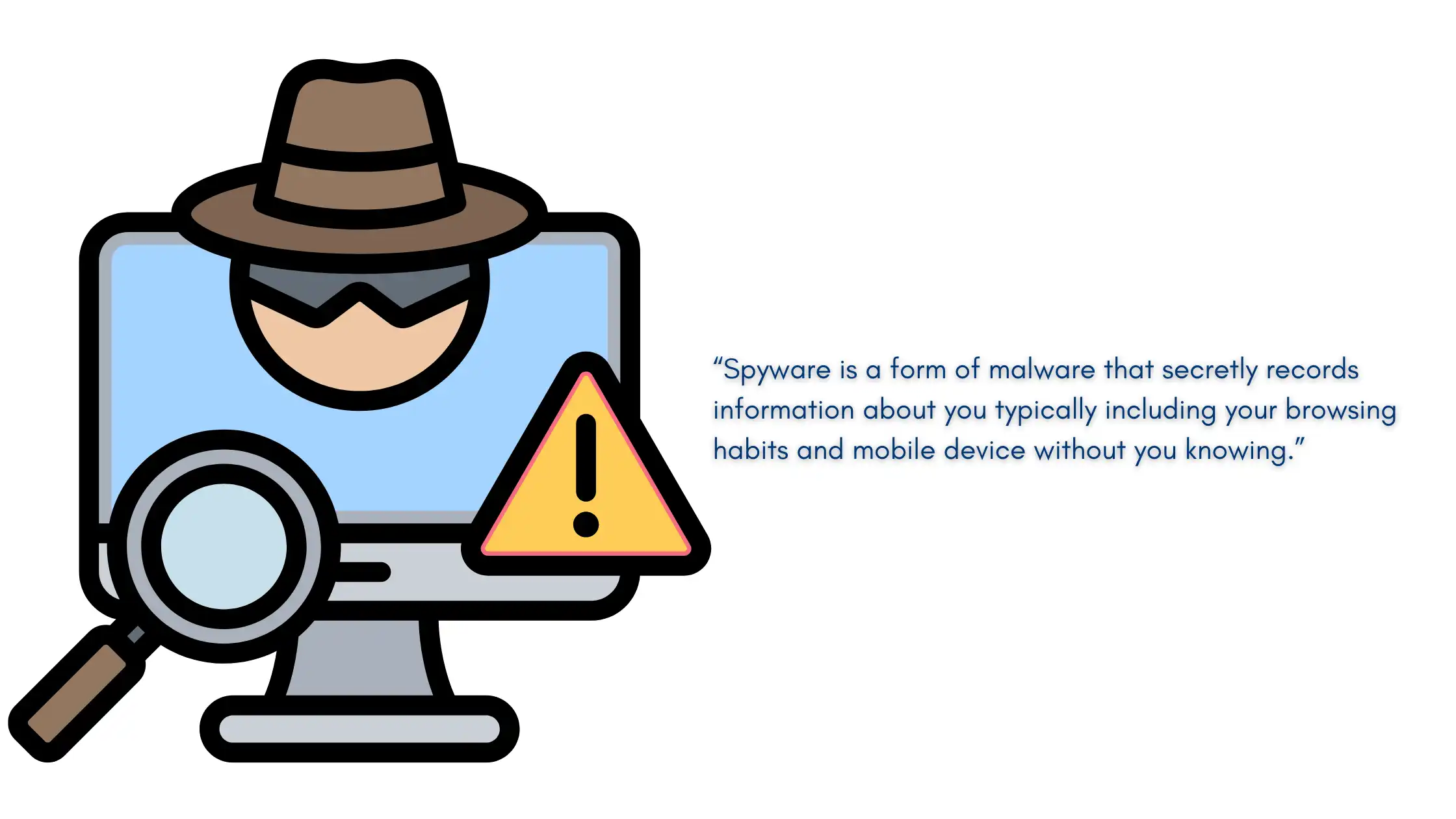 Illustration of a computer with a spy figure, magnifying glass, and warning sign, highlighting the need to protect against spyware.