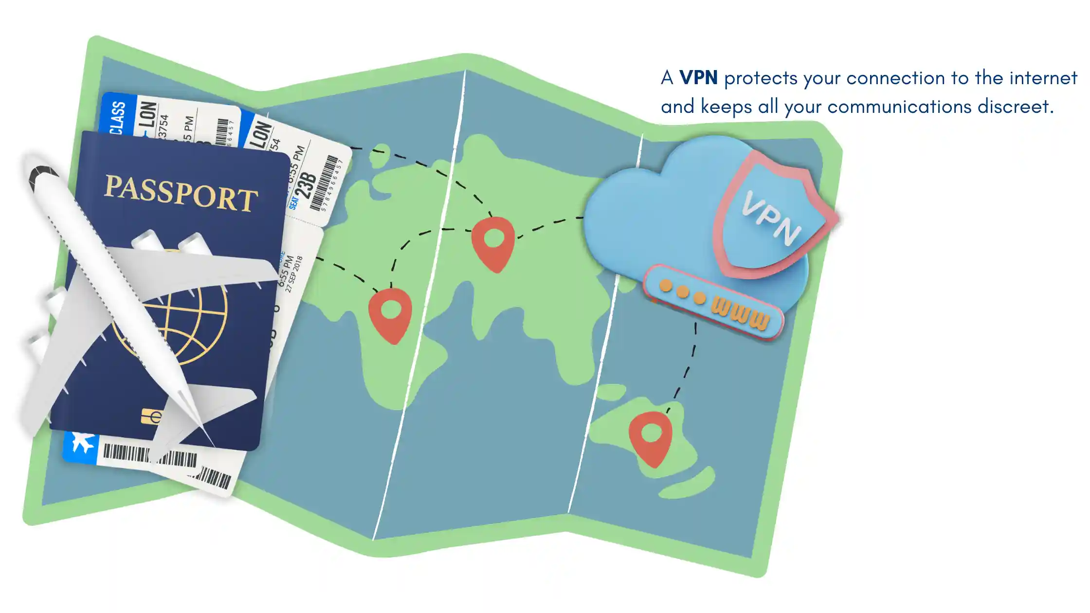 Travel essentials including passport, plane tickets, and map with VPN protection icon, emphasizing why VPNs are essential for travel.