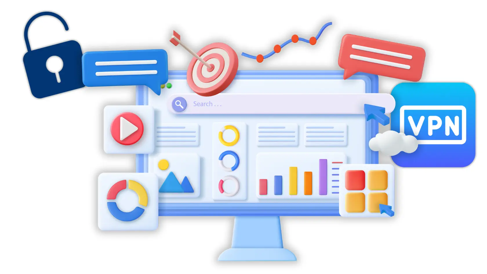 Illustration of VPN features on a computer screen with graphs, lock, and search. Unblock Websites with a VPN.