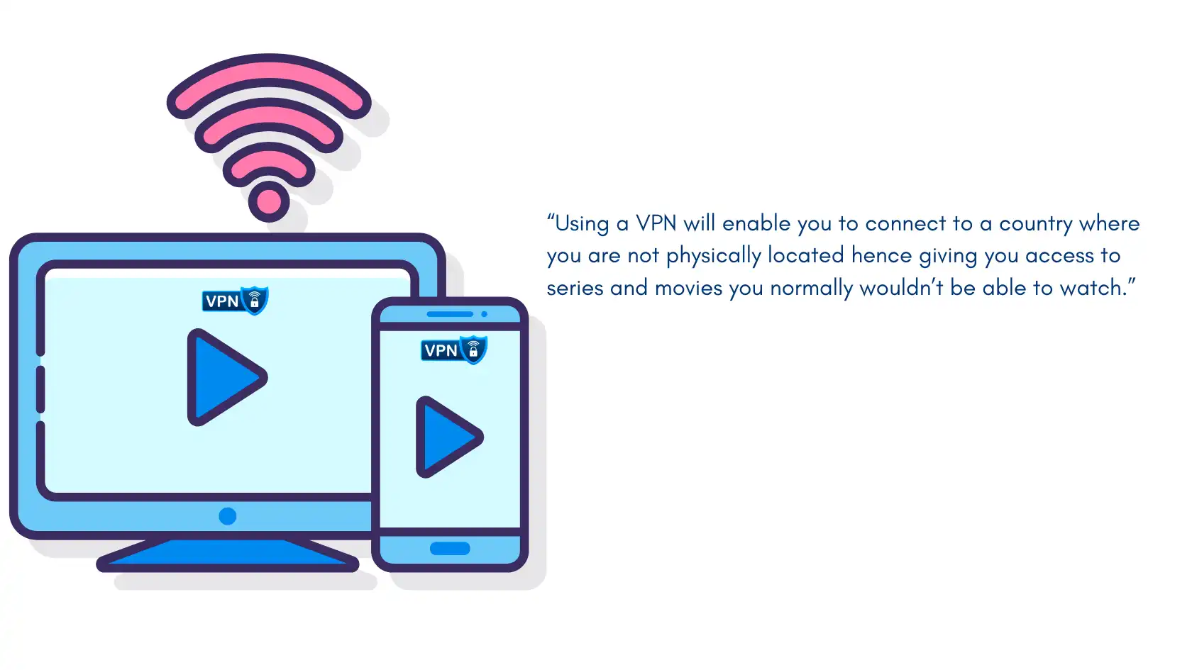 Illustration of VPN icons on computer and mobile device, highlighting VPN's role in accessing geo-restricted content for streaming