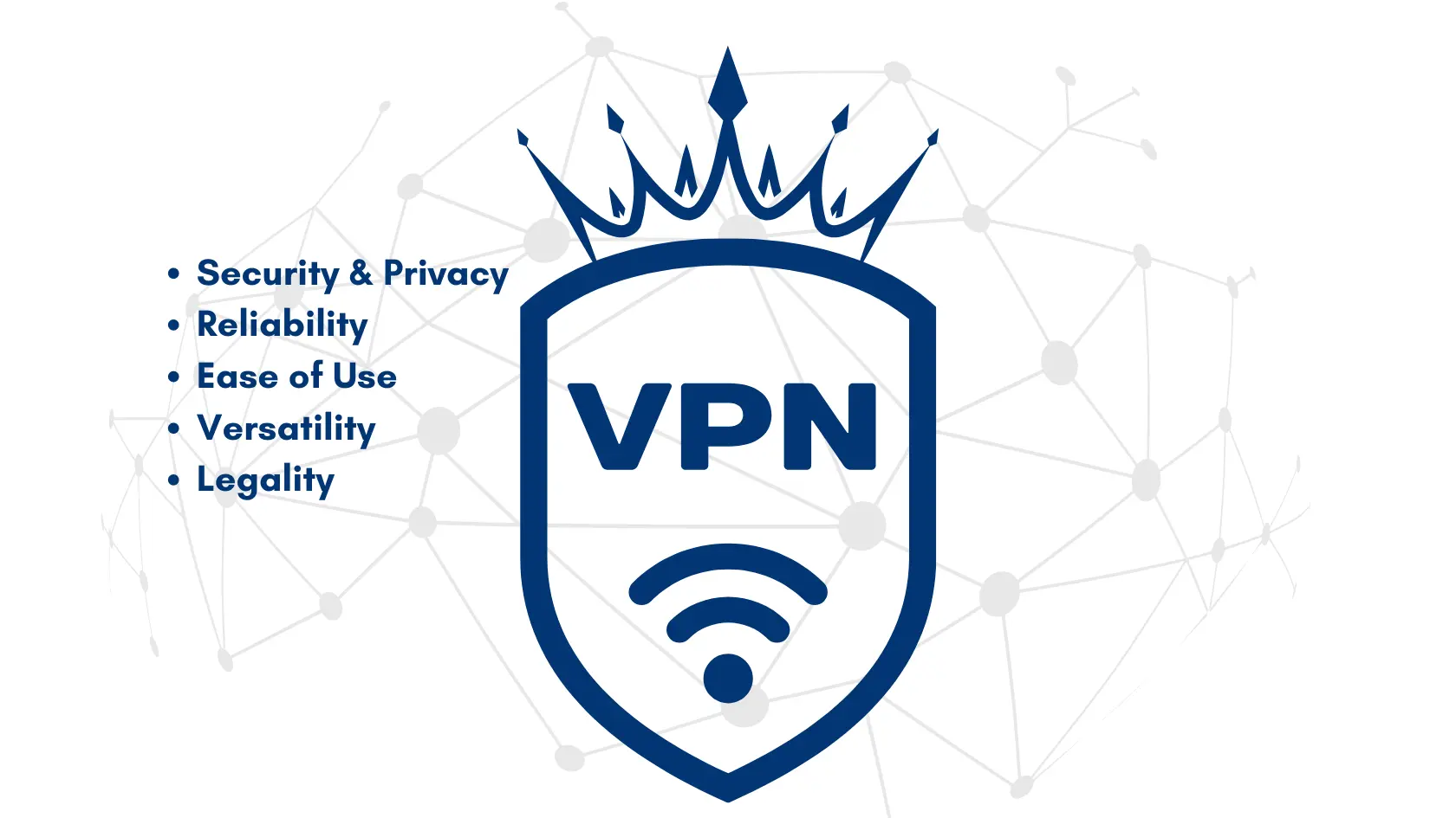 VPN shield icon with a crown highlighting security, reliability, ease of use, versatility, and legality. Unblock Websites with a VPN.