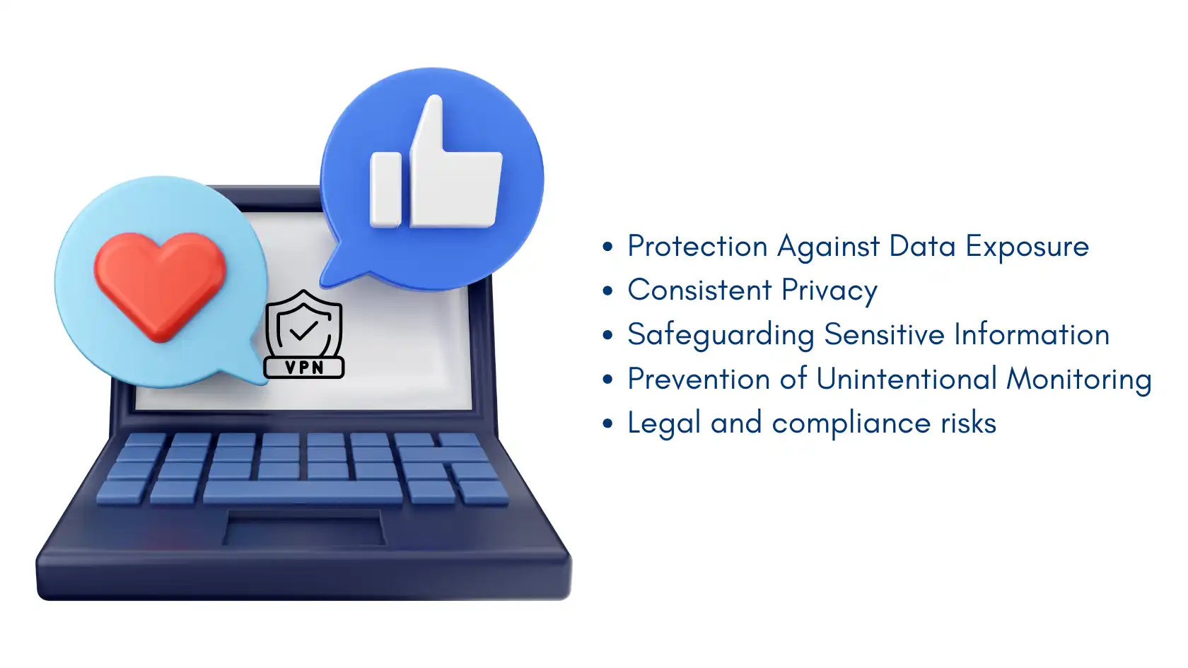 Illustration of a laptop screen with VPN kill switch icon, highlighting privacy protection, data exposure prevention, and compliance risks.