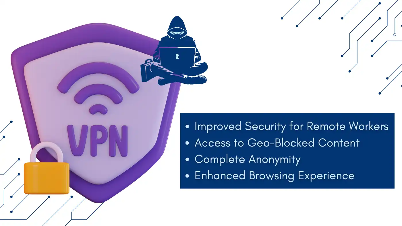 VPN shield with hacker illustration, highlighting improved security, access to geo-blocked content, and anonymity. Best VPN for Virginia benefits.