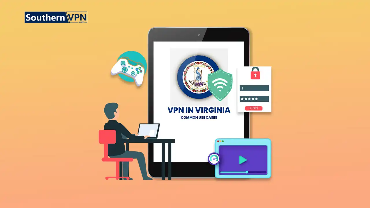 Illustration of common VPN use cases in Virginia, including gaming, secure login, and video streaming, with the Virginia state seal.