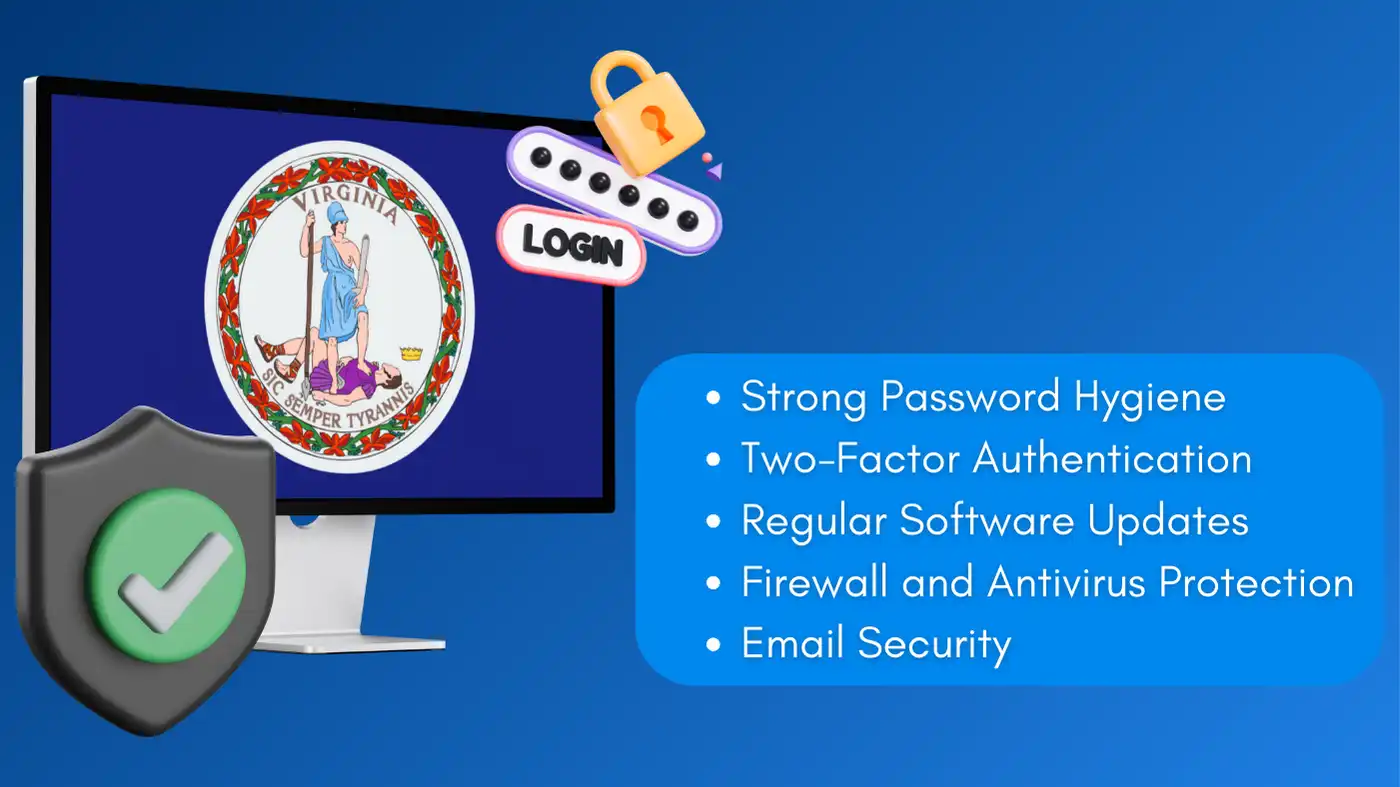 Cybersecurity for Virginia residents: Best practices like strong passwords, two-factor authentication, software updates, firewall, and email security.