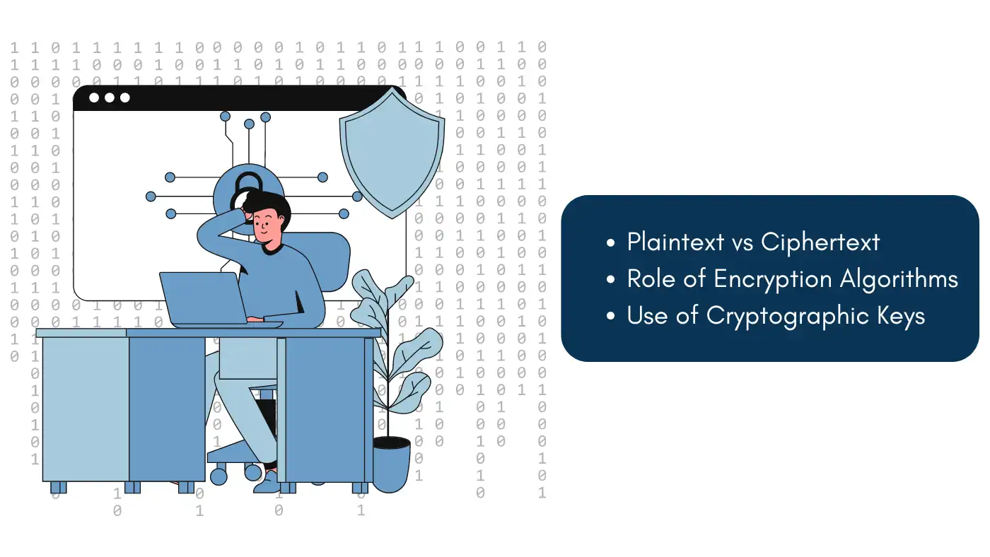 Illustration explaining how encryption works, focusing on plaintext vs ciphertext, encryption algorithms, and cryptographic keys. Primary keyword: what is encryption.