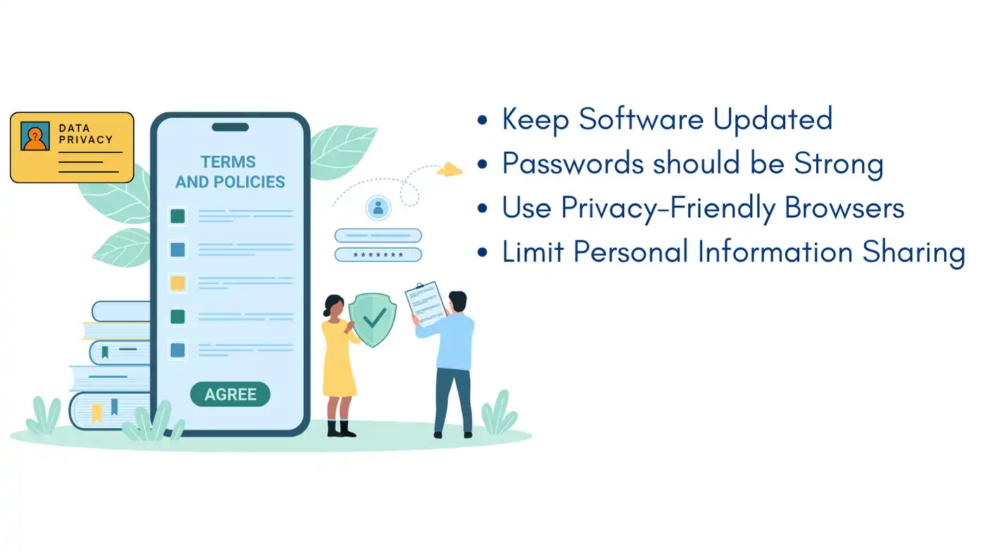 Illustration of steps to protect against internet privacy issues, including strong passwords and privacy-friendly browsers.