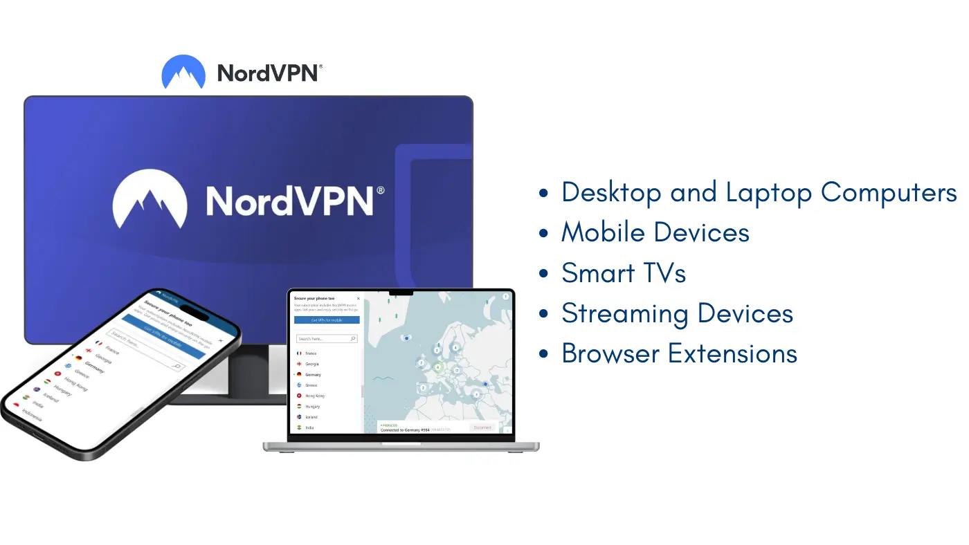 NordVPN Review: Comprehensive device compatibility for desktops, laptops, mobile devices, smart TVs, streaming devices, and browser extensions.