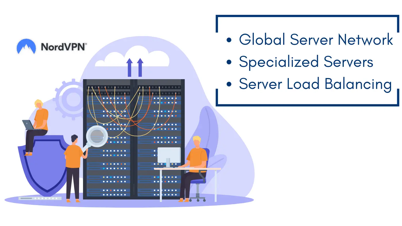 Global server network with specialized servers and load balancing, ensuring secure, reliable connections for users worldwide.