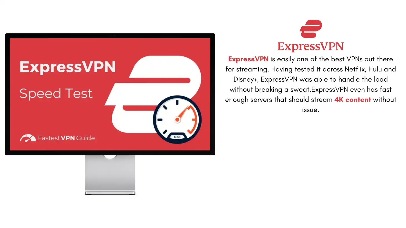 ExpressVPN Review highlighting fast speeds for streaming 4K content, tested across platforms like Netflix, Hulu, and Disney+ without issues.