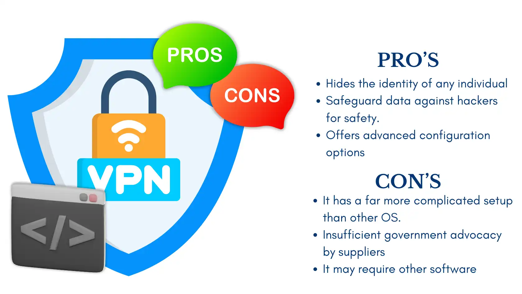 Illustration showing the pros and cons of setting up a VPN on Linux, highlighting security and configuration benefits.