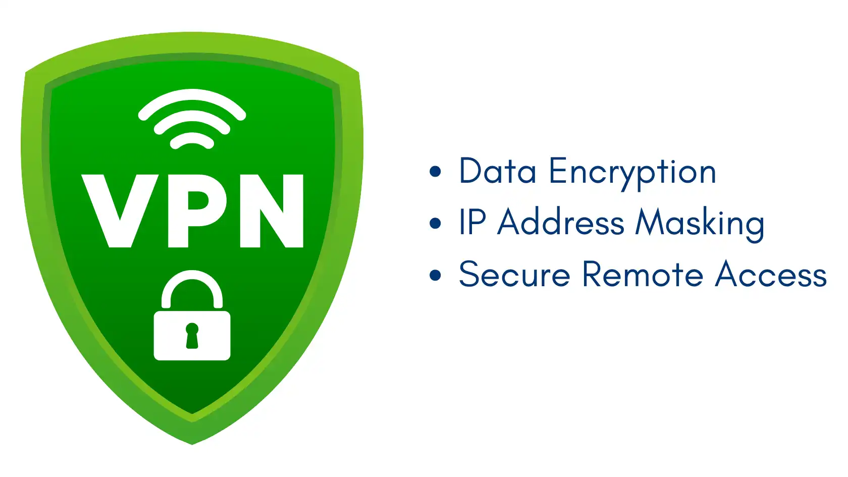 VPN shield logo with benefits like data encryption, IP masking, and secure remote access for setting up a VPN on Linux.