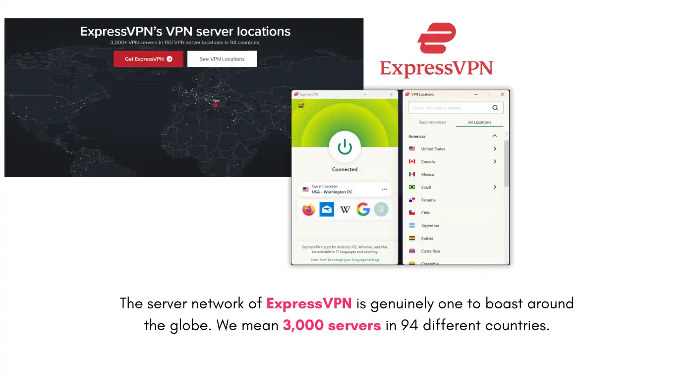 ExpressVPN Review showcasing server network with 3,000 servers in 94 countries, offering global VPN coverage for enhanced security.