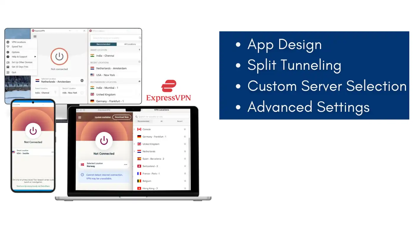 ExpressVPN Review highlighting app design, split tunneling, custom server selection, and advanced settings across multiple devices for seamless usage.