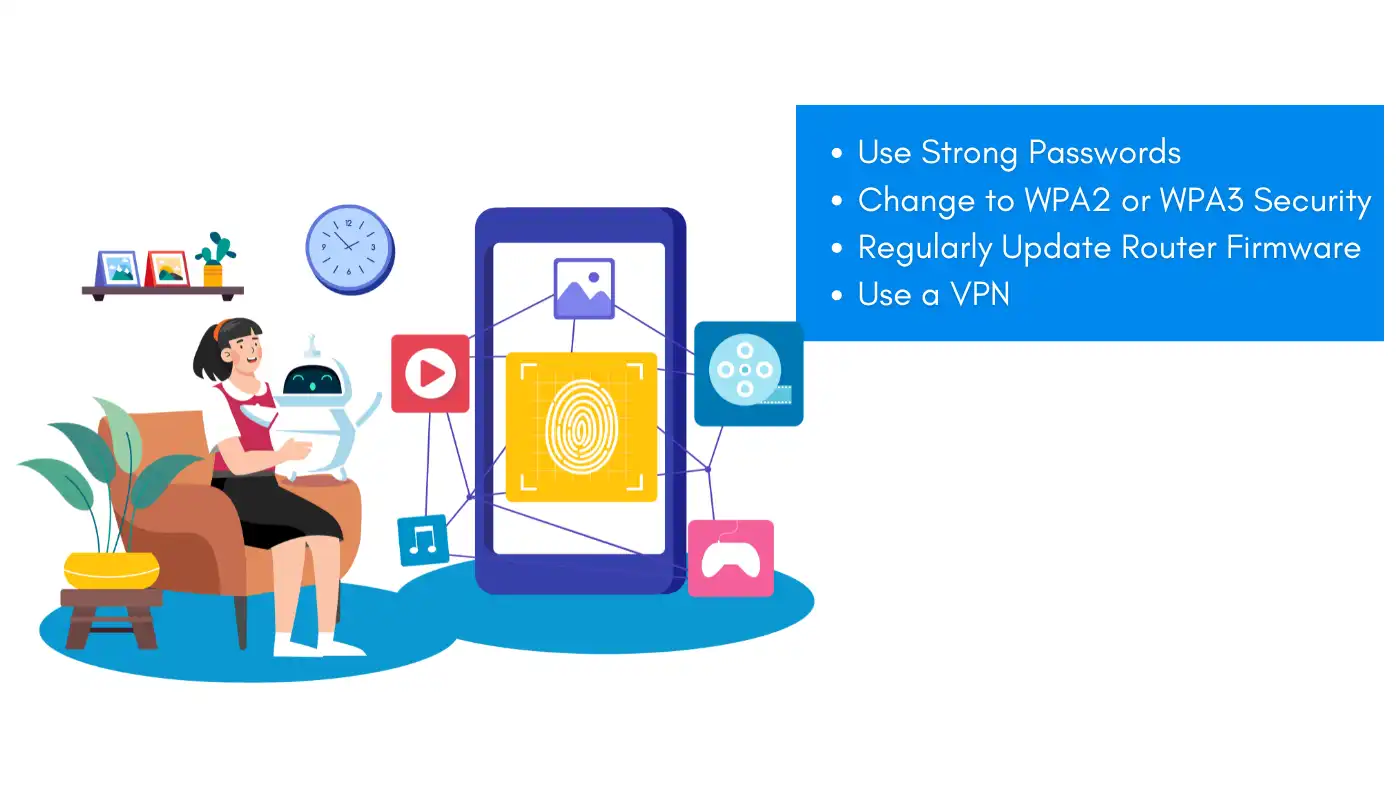 Illustration showing wifi privacy warning tips like using strong passwords, updating router firmware, switching to WPA2/WPA3, and using a VPN.