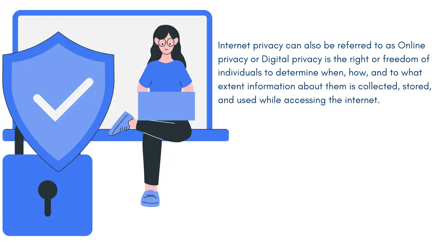 Illustration of a person using a laptop with a shield, representing internet privacy issues.