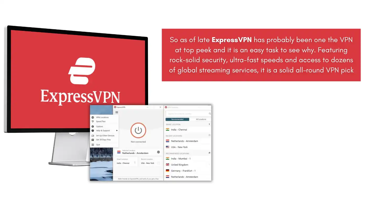 ExpressVPN Review showcasing its interface, highlighting top performance, fast speeds, and security features for seamless global streaming services.