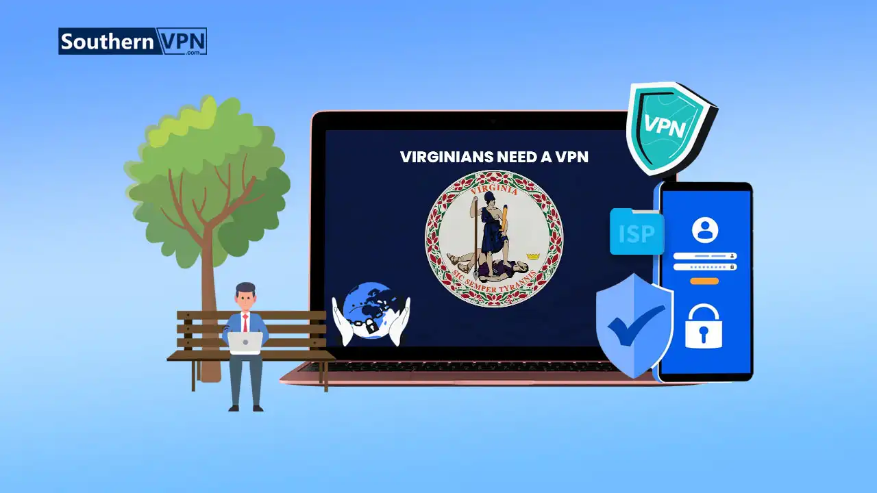 Illustration showing why Virginians need a VPN with the Virginia state seal, VPN shield, ISP protection, and online security icons.