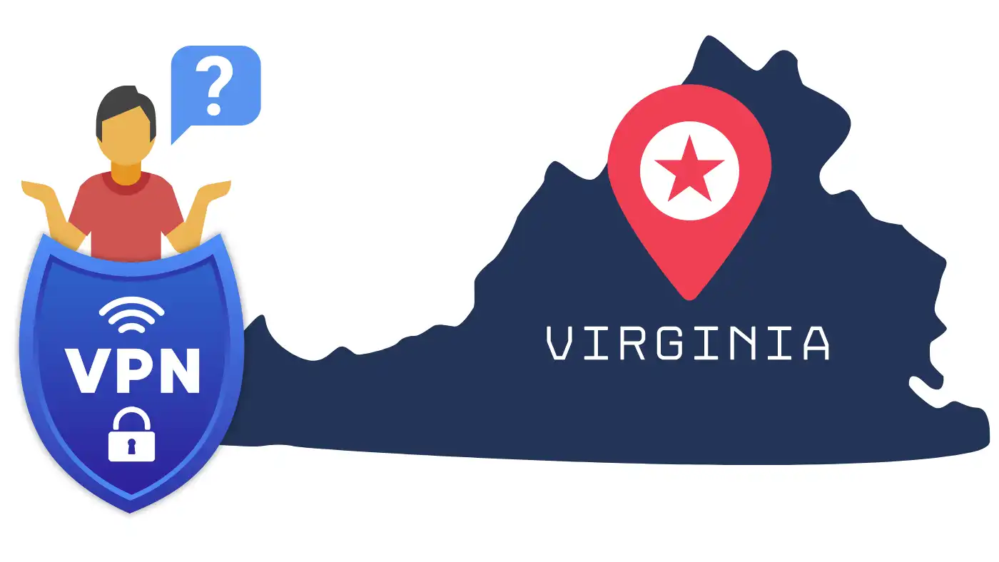 Illustration of VPN security over Virginia map with question mark, highlighting the best VPN for Virginia services.